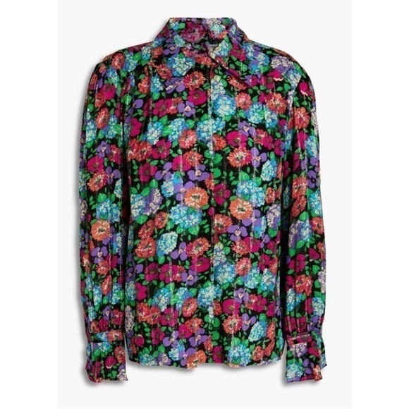 Ellie Tahari Metallic Floral Button Down Long Sleeve Semi Sheer Blouse Top NWT - Picture 7 of 11